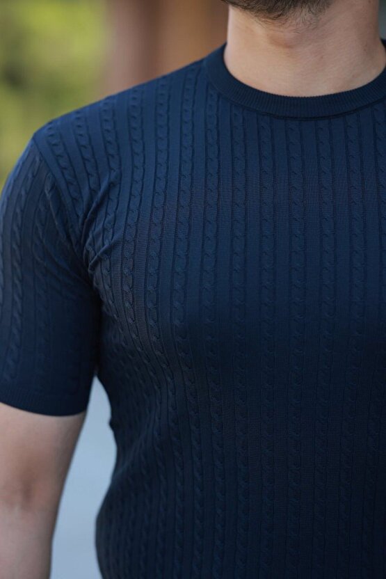 Moda Shop & Butik Erkek Bisiklet Yaka Örgü Desenli Kısa Örme Triko Kısa Kollu T-shirt