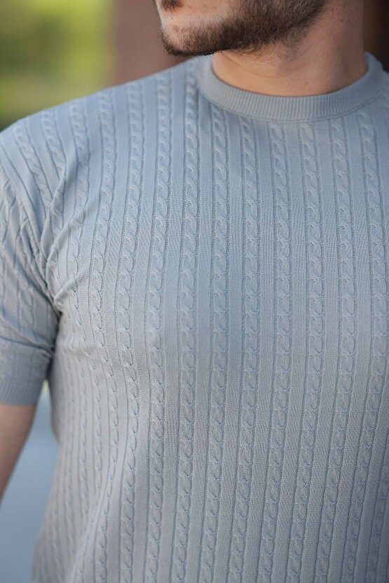 Gelirr Erkek Bisiklet Yaka Örgü Desenli Kısa Örme Triko Kısa Kollu T-shirt