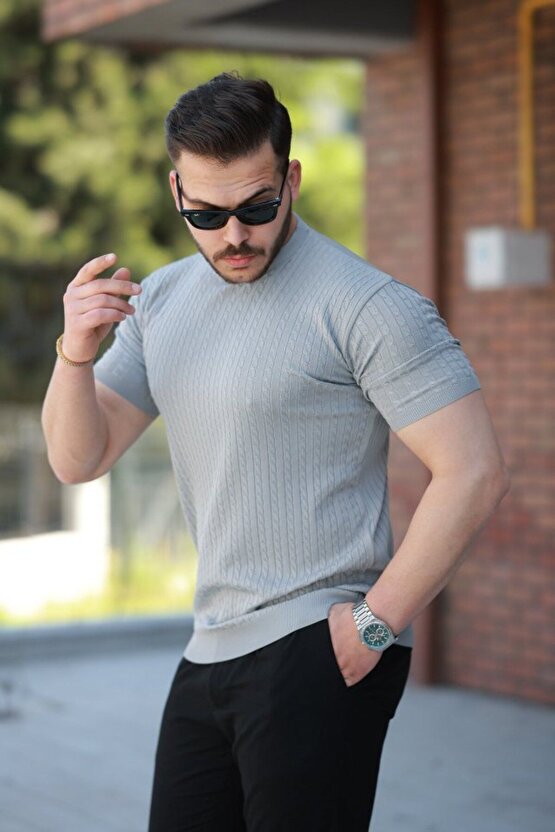 Gelirr Erkek Bisiklet Yaka Örgü Desenli Kısa Örme Triko Kısa Kollu T-shirt