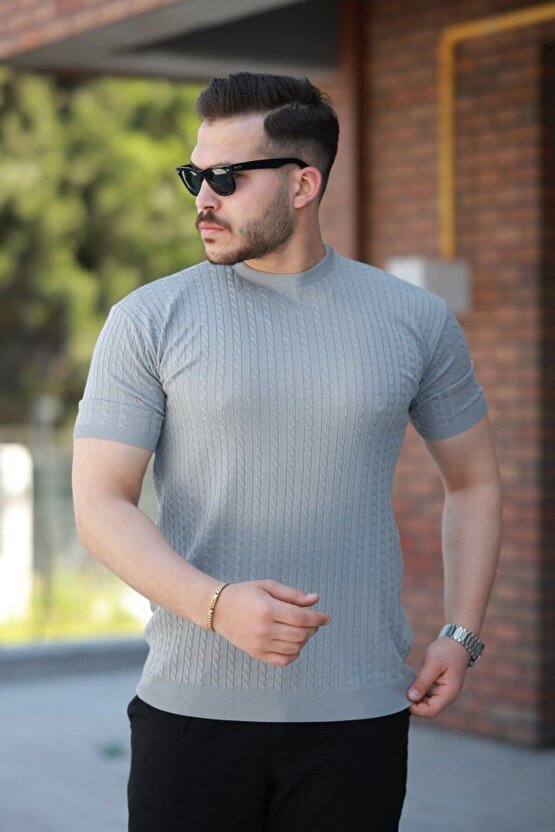 Gelirr Erkek Bisiklet Yaka Örgü Desenli Kısa Örme Triko Kısa Kollu T-shirt