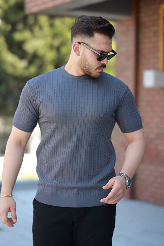 Moda Shop & Butik Erkek Bisiklet Yaka Örgü Desenli Kısa Örme Triko Kısa Kollu T-shirt