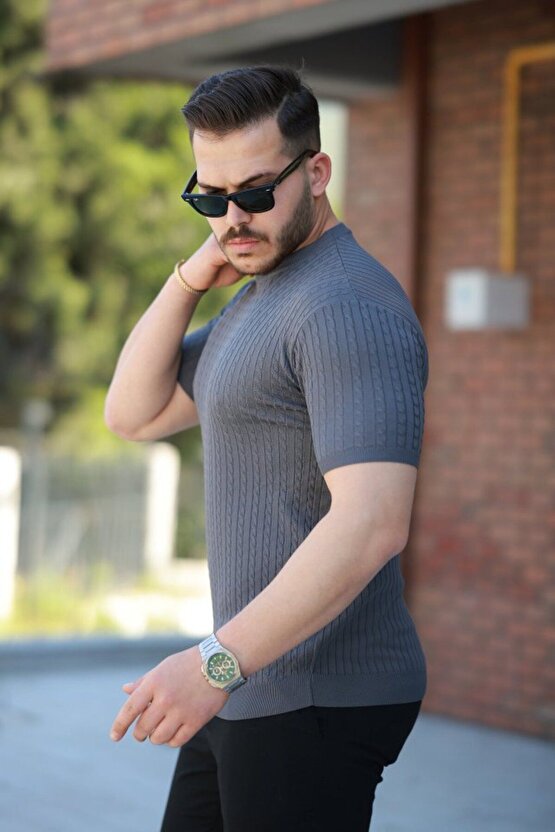 Moda Shop & Butik Erkek Bisiklet Yaka Örgü Desenli Kısa Örme Triko Kısa Kollu T-shirt