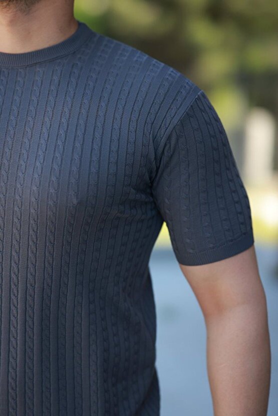 Moda Shop & Butik Erkek Bisiklet Yaka Örgü Desenli Kısa Örme Triko Kısa Kollu T-shirt