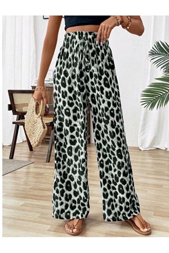 Kadın Süprem Kumaş Beli Lastikli Leopar Desen Pantolon