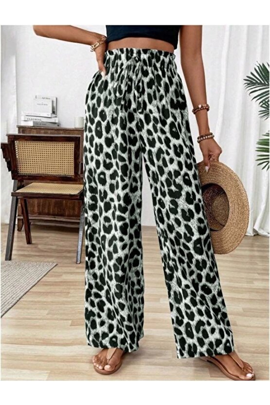 Kadın Süprem Kumaş Beli Lastikli Leopar Desen Pantolon