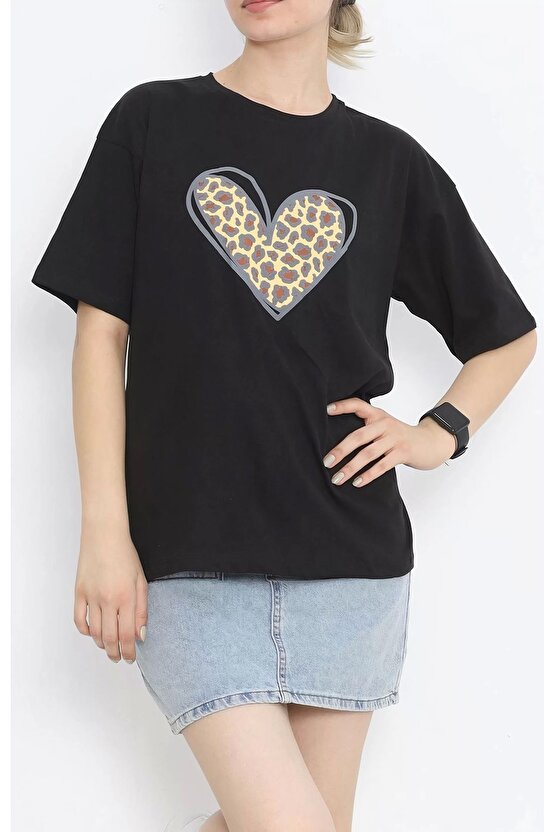 Sevgililer Günü Için Özel Tasarım Leopar Kalp Baskılı T-shirt - Siyah