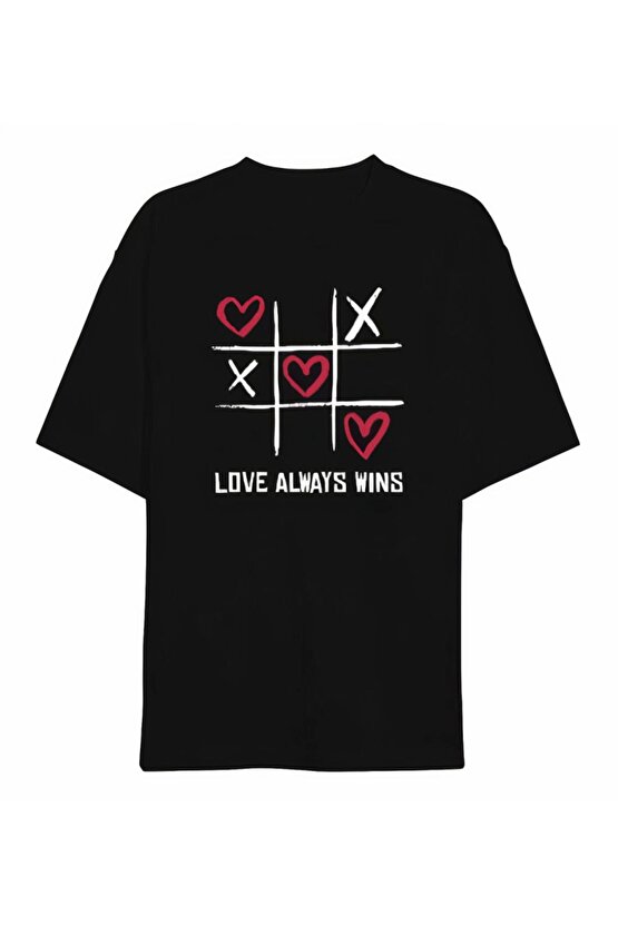 Moda Shop & Butik Sevgililer Günü Için Özel Tasarım Love Always Wıns Baskılı T-shirt - Siyah