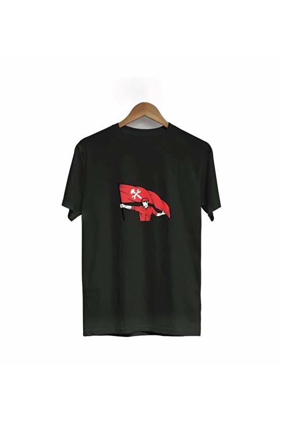 1 Mayıs Emekçilerimiz İçin Özel Tasarım Bayraklı Emekçi Baskılı T-shirt - Siyah