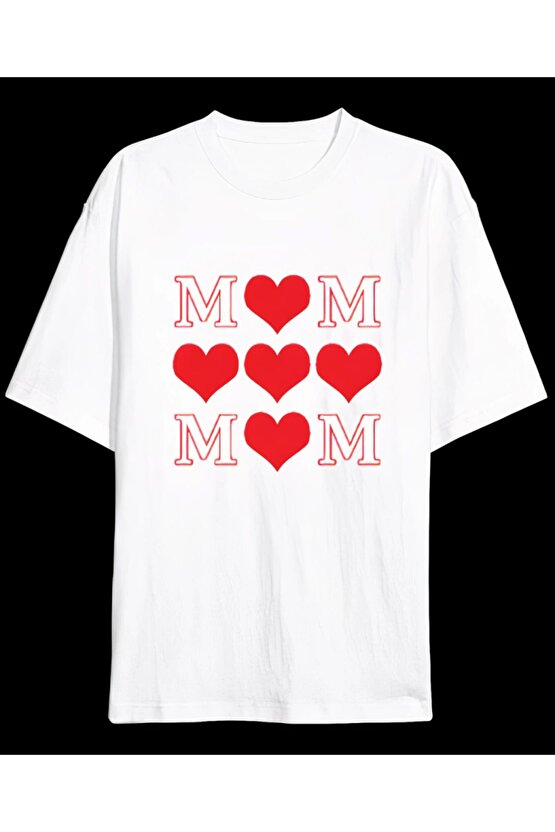 Myterrax Anneler Gününe Özel Tasarım Mom Kalp Baskılı T-shirt - Beyaz