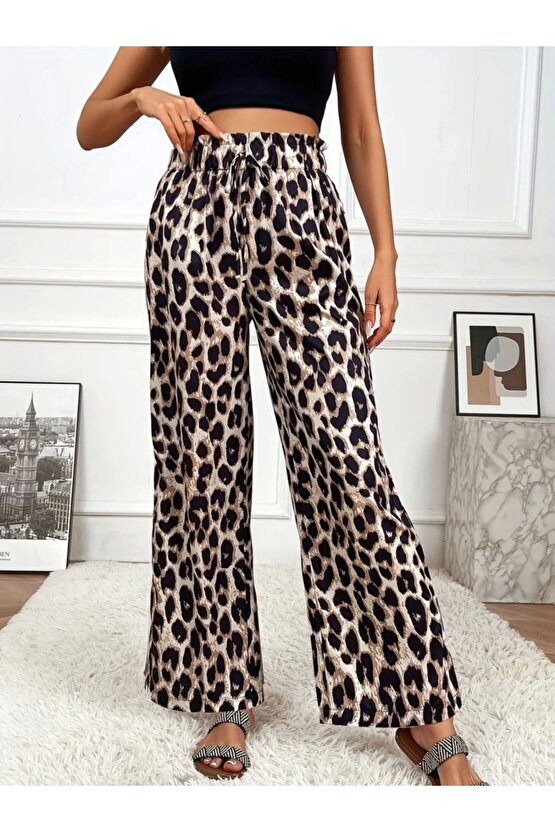 Kadın Yüksek Bel Beli Lastikli Bağcıklı Leopar Desenli Süprem Pantolon