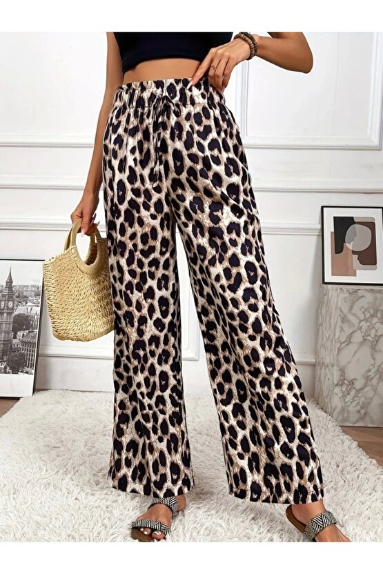 Kadın Yüksek Bel Beli Lastikli Bağcıklı Leopar Desenli Süprem Pantolon