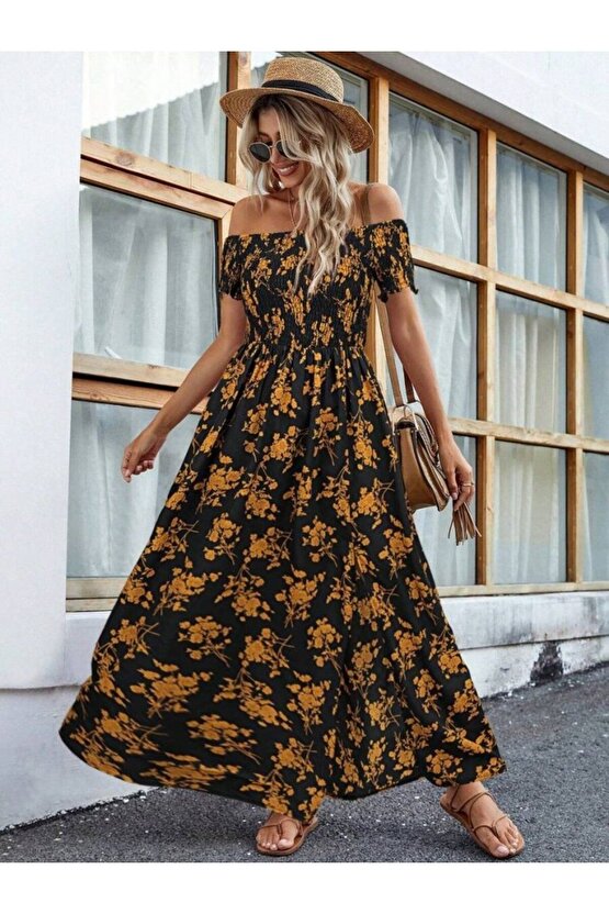 Moda Shop & Butik Kadın Kısa Kollu Madonna Yaka Yırtmaçlı Çiçek Desenli Süprem Elbise