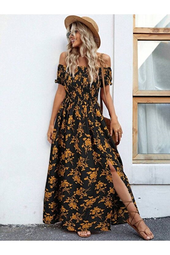 Moda Shop & Butik Kadın Kısa Kollu Madonna Yaka Yırtmaçlı Çiçek Desenli Süprem Elbise