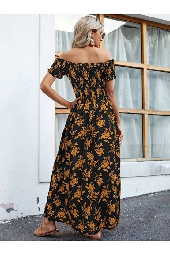 Moda Shop & Butik Kadın Kısa Kollu Madonna Yaka Yırtmaçlı Çiçek Desenli Süprem Elbise