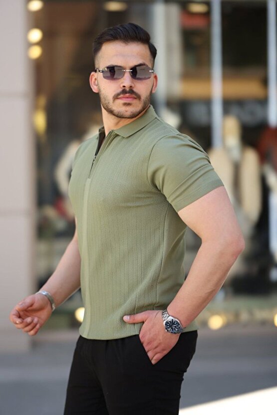 Myterrax Erkek Yakası Fermuarlı Kısa Kollu T-shirt