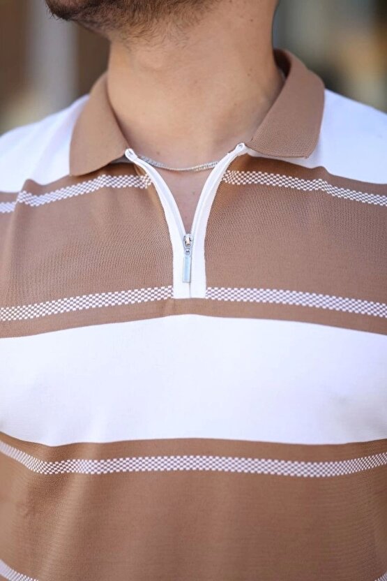 Erkek Yakalı Fermuarlı çift Renk Kısa Kollu T-shirt