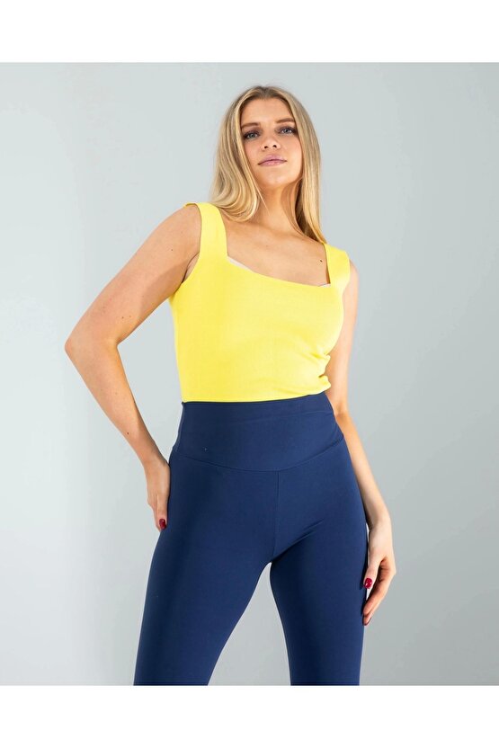 Sarı Kare Yaka Kalın Askı Triko Crop Bluz
