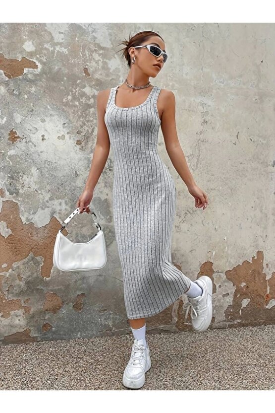 eyesof Kadın Kalın Askılı Kare Yaka Fitilli Kaşkorse Midi Boy Elbise