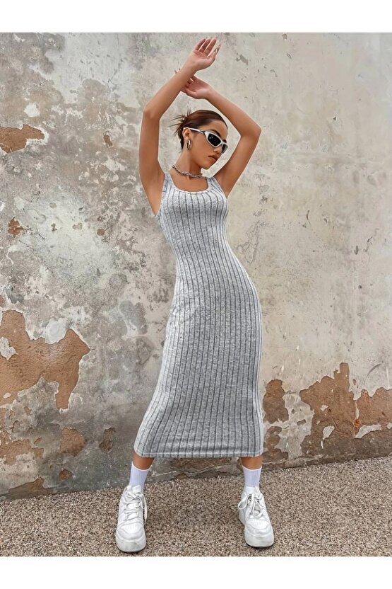 eyesof Kadın Kalın Askılı Kare Yaka Fitilli Kaşkorse Midi Boy Elbise