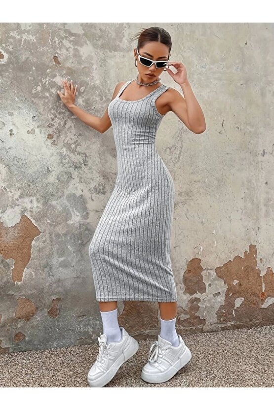 eyesof Kadın Kalın Askılı Kare Yaka Fitilli Kaşkorse Midi Boy Elbise