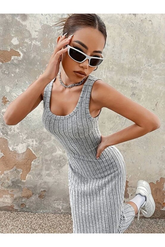 eyesof Kadın Kalın Askılı Kare Yaka Fitilli Kaşkorse Midi Boy Elbise