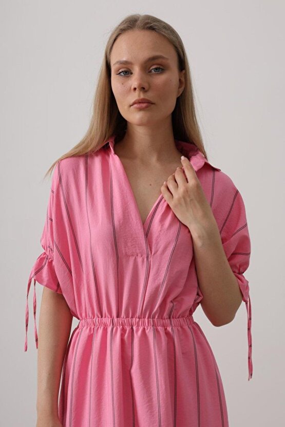 Myterrax Beli Lastikli Elbise - Pembe
