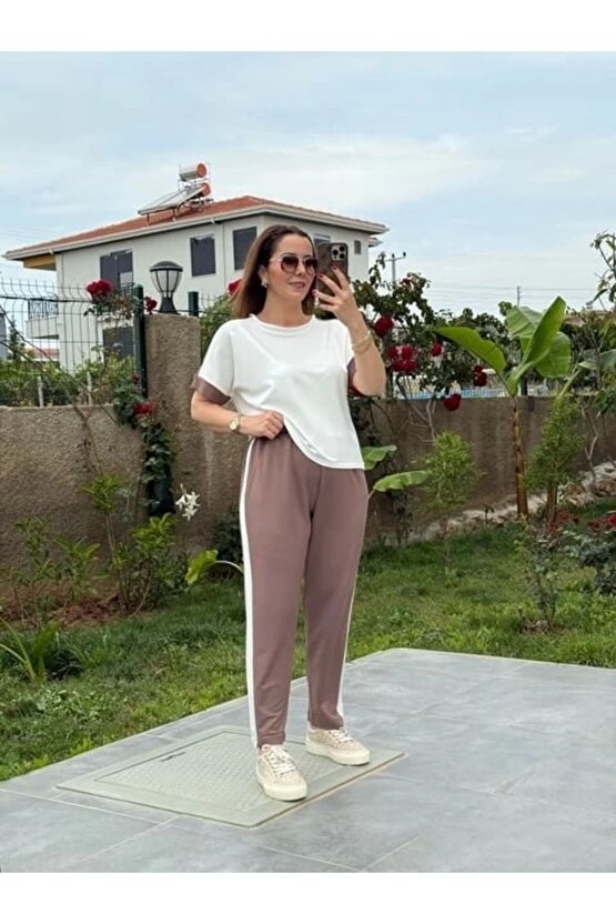 Kadın Modal Dokulu Kumaş Yanı Şeritli Takım