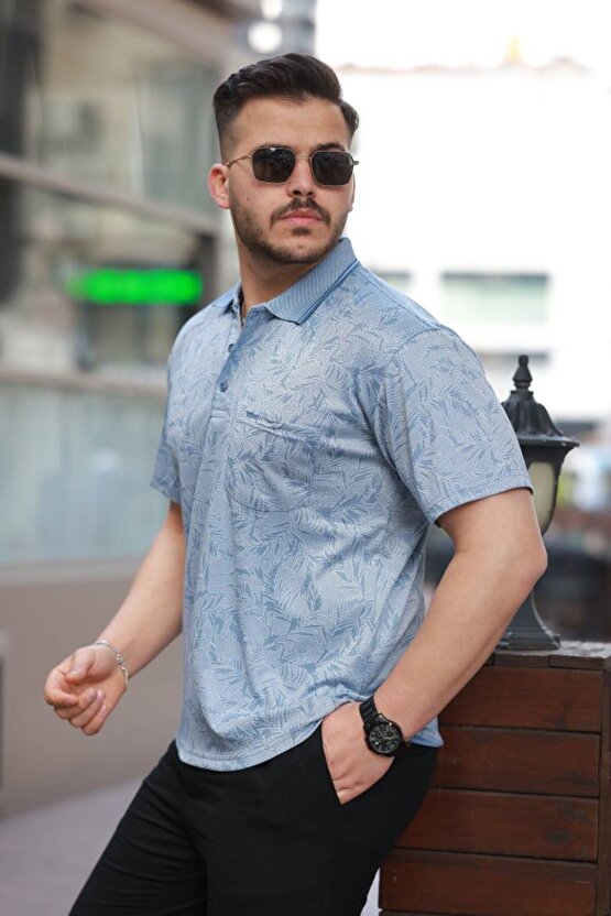Myterrax Erkek Yakalı Jakar Baskılı Kısa Kollu T-shirt