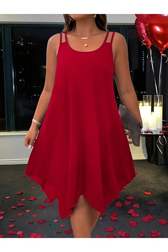 Kadın Askılı Yuvarlak Asimetrik Kesim Detaylı Viskon Elbise