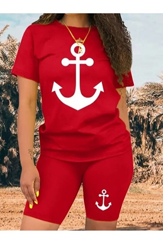 eyesof Kadın Kısa Kollu çapa Baskılı Viskon Ikili Takım