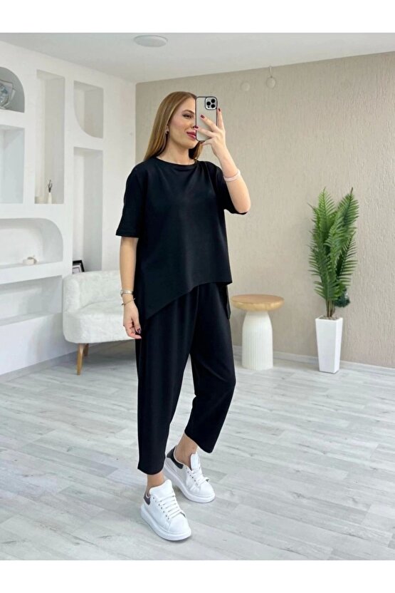 Kadın Kısa Kollu Bisiklet Yaka Viskon Iki Iplik Bluz Ve Pantolon Ikili Takım