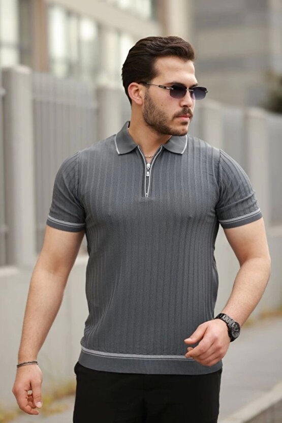 eyesof Erkek Fermuarlı Yakalı Kısa Kollu T-shirt