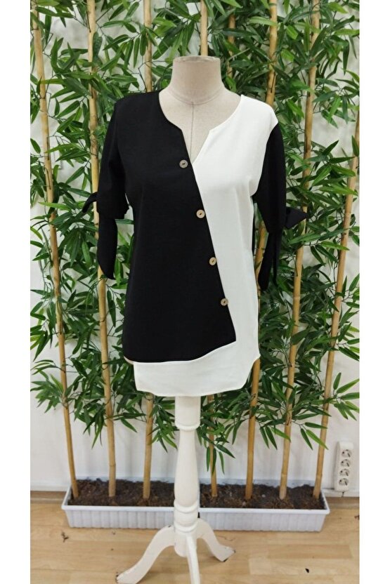 Kadın Kısa Kollu Kollardan Bağlamalı önden Asimetrik Kesim çift Renk Detaylı Düğmeli Ithal Krep Bluz