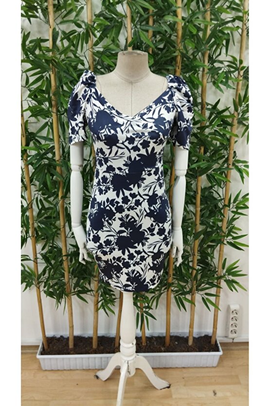 Myterrax Kadın Kısa Kollu Kruvaze Yakalı Çiçek Baskılı Süprem Elbise