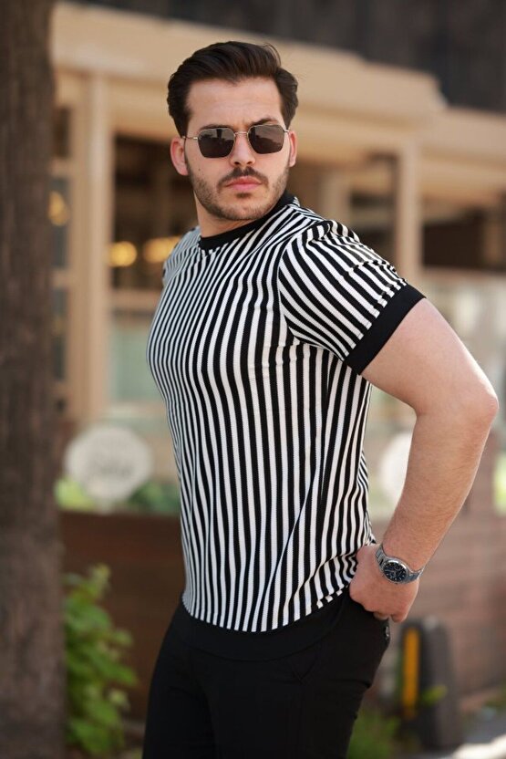 Gelirr Erkek Siyah Beyaz Örme Pamuklu Kumaş Kısa Kollu T-shirt