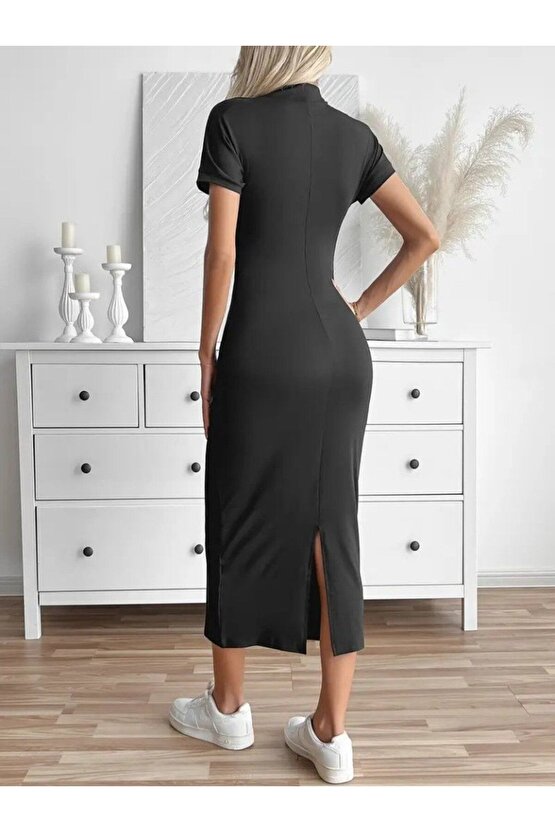 Modavera Kadın Yarı Balıkçı Yaka Yırtmaçlı Dalgıç Midi Elbise