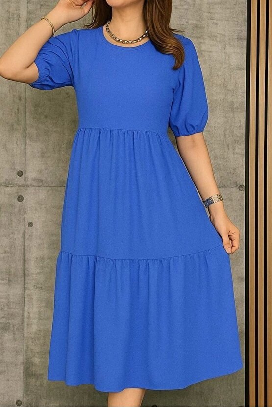 Kadın Kısa Kollu Yakası Açık Katlı Bürümcük Balon Elbise