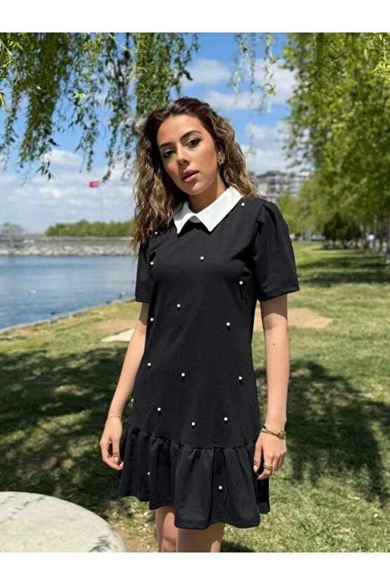 Kadın Kısa Kollu Yakalı Inci Detaylı Kısa Ithal Krep Elbise