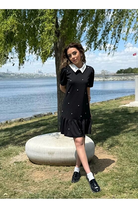 Kadın Kısa Kollu Yakalı Inci Detaylı Kısa Ithal Krep Elbise