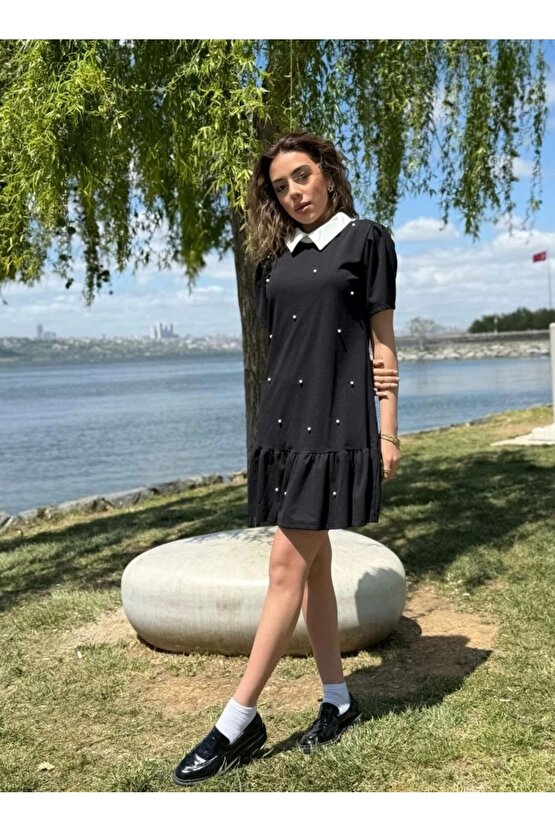 Kadın Kısa Kollu Yakalı Inci Detaylı Kısa Ithal Krep Elbise