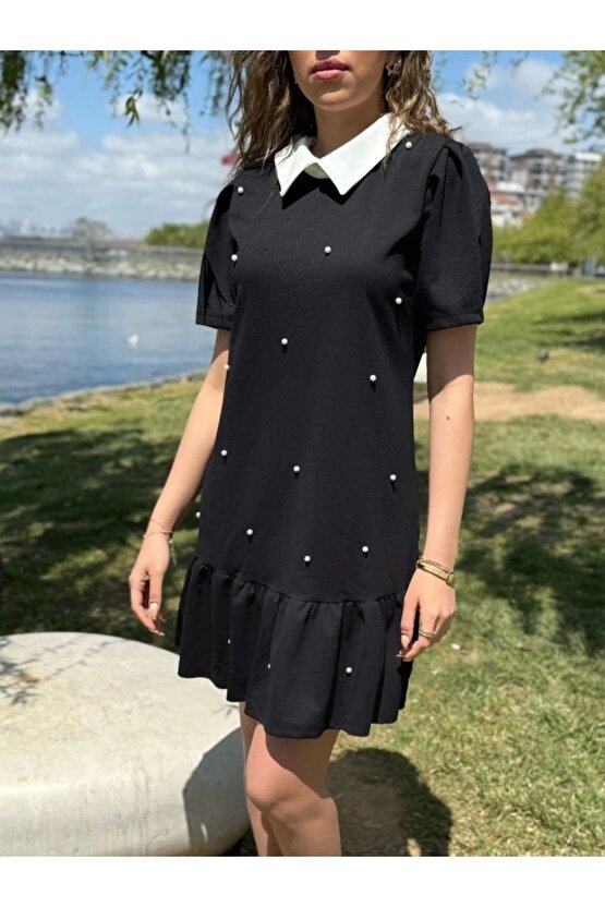 Kadın Kısa Kollu Yakalı Inci Detaylı Kısa Ithal Krep Elbise
