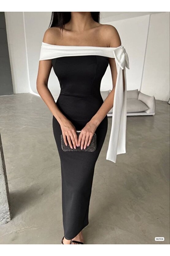 Kadın Madonna Yaka Skuba Krep Kumaş Kurdale Detay Elbise