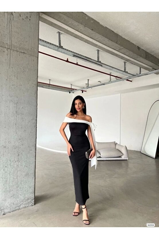 Kadın Madonna Yaka Skuba Krep Kumaş Kurdale Detay Elbise