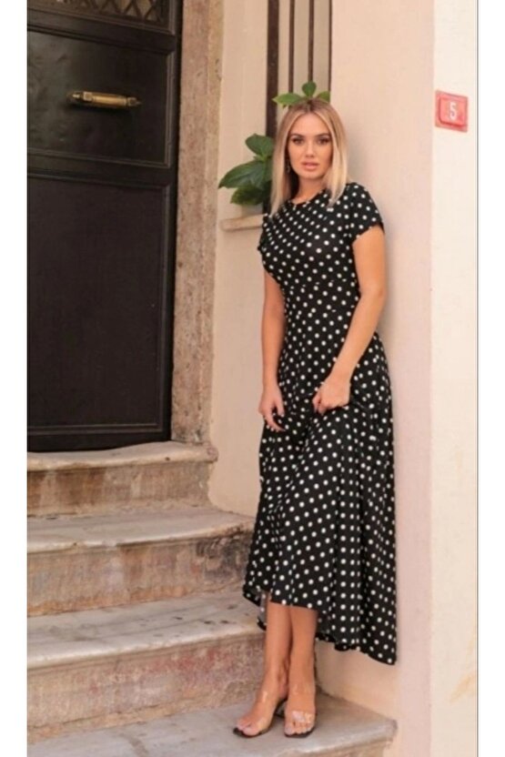 Kadın Kısa Kollu Bisiklet Yaka Puantiyeli Maksi Örme Krep Elbise