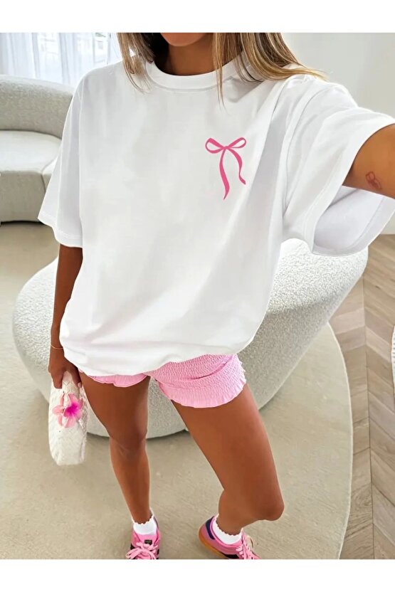 Myterrax Fiyonk Baskılı Oversize Bisiklet Yaka T-shirt - Beyaz