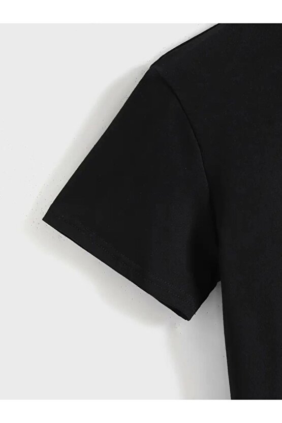 Baskılı Oversize Bisiklet Yaka T-shirt - Siyah