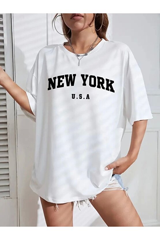 Myterrax New York Baskılı Oversize Bisiklet Yaka T-shirt - Beyaz