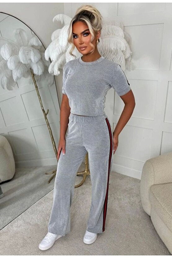 Kadın Ottoman Kumaş şerit Detaylı Ikili Takım