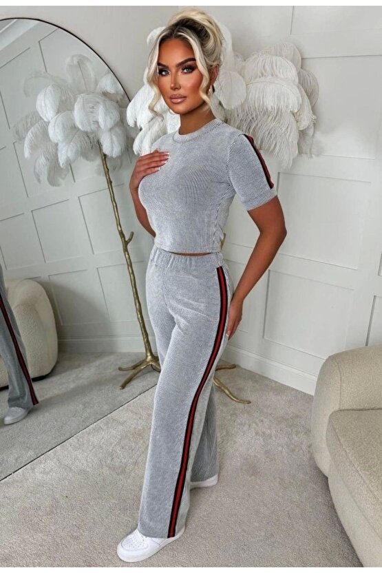 Kadın Ottoman Kumaş şerit Detaylı Ikili Takım