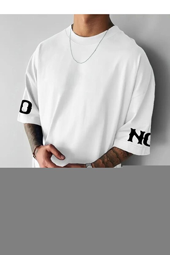 Baskılı Oversize Bisiklet Yaka T-shirt - Beyaz